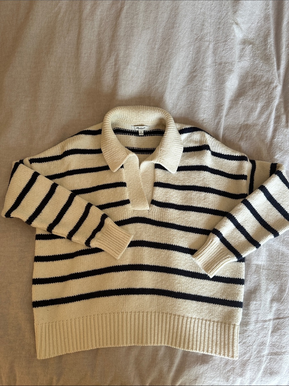 Madewell Cream & Navy Striped V‑Neck Collared Sweater